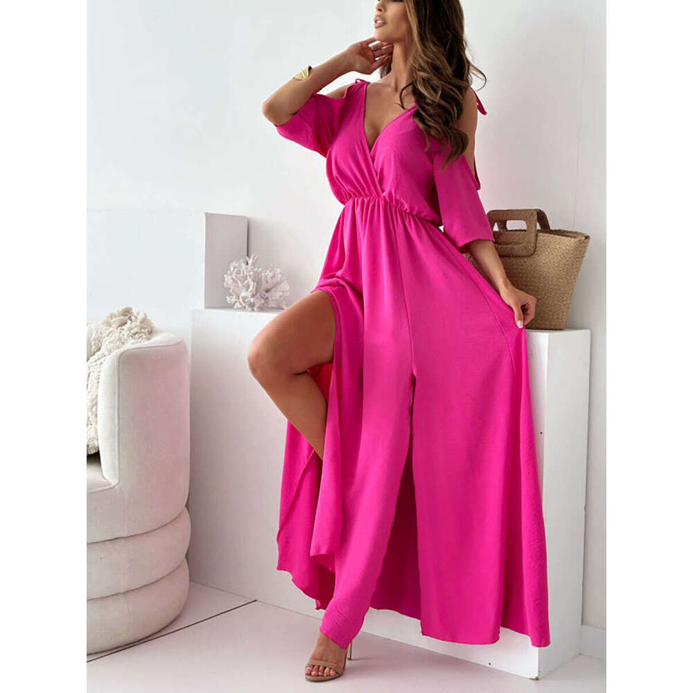 Halter Dress V Neck Skirt Slit With Off Shoulder Sleeves And Sexy Suspender Dress Maxi Dress