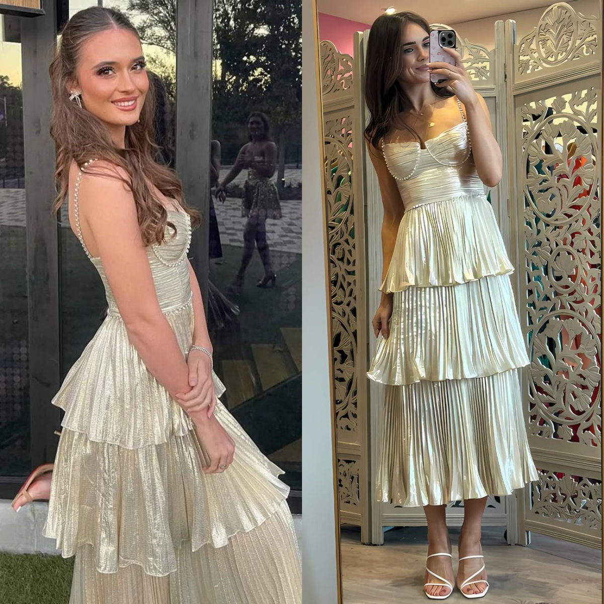 Sparkly Spaghetti Tea Length Prom Dress Pleats Tiered A-Line Graduation Gown Beaded Sweetheart Neckline Chic Birthday Party Dresses 2025
