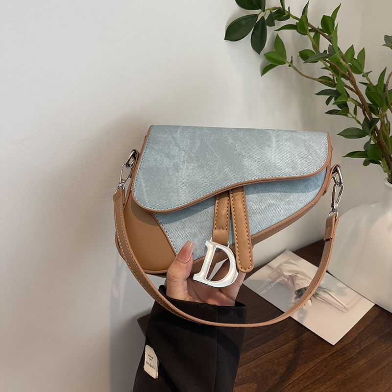 Free Shipping Designer Bag 2025 Denim Pattern Saddle Bag - Color-Block Patchwork Crossbody Purse for Women, Fashionable Shoulder Bag