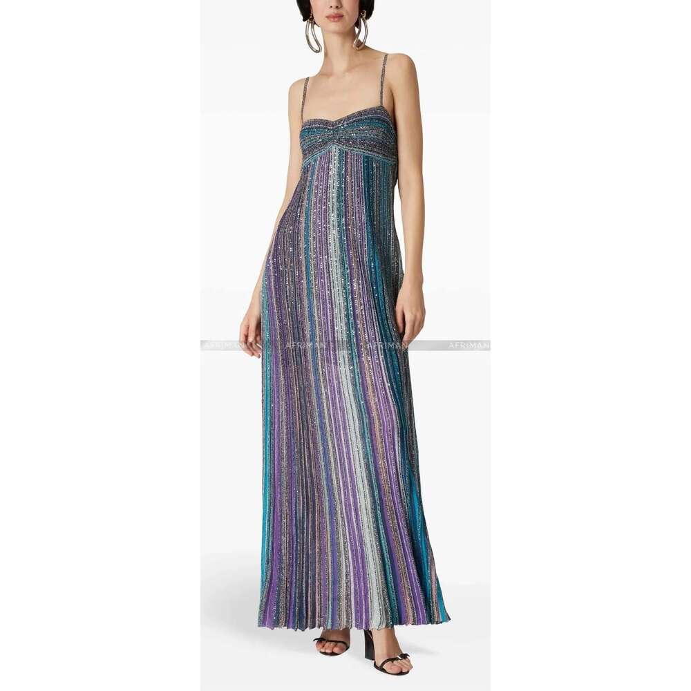 Women Metallic Sequined Multicolor Striped Sexy Strapless Maxi Long Knit Sling Dress Designer