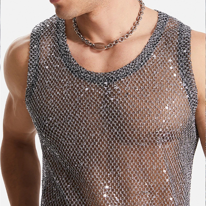 Mens Hollow Out Mesh Tank Tops Fashion Vests Tassel Sleeveless Streetwear Heavy Craft Perspective Sexy Performance Nightclub 250519