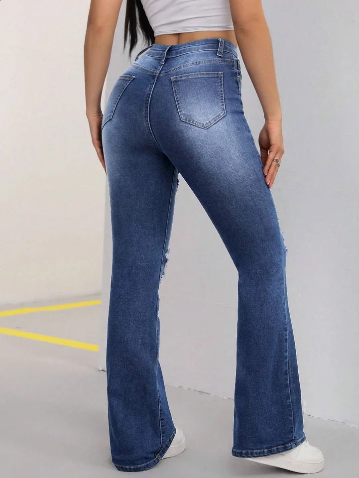 Spring And Summer Womens Jeans Washed Ripped Slanted Pockets Fashionable Versatile Flared 250513
