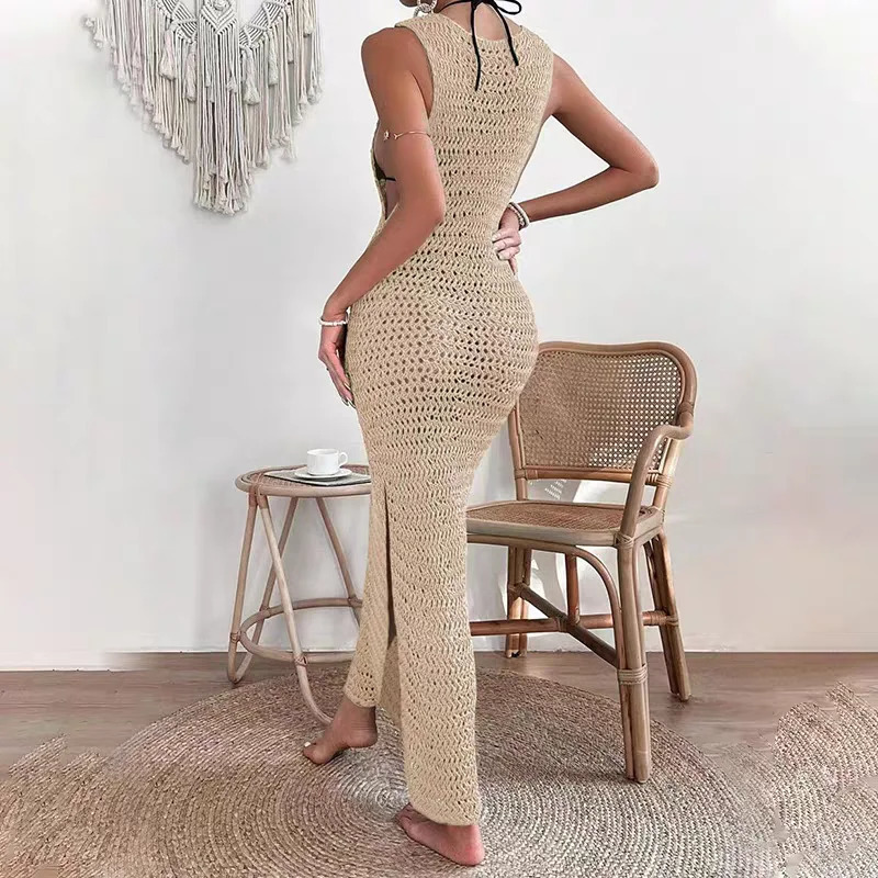 Womens Beach Style ONeck Knit Hollow out Long Dress Summer Female Casual Sleeveless Bikini Coverup Blouse 250520