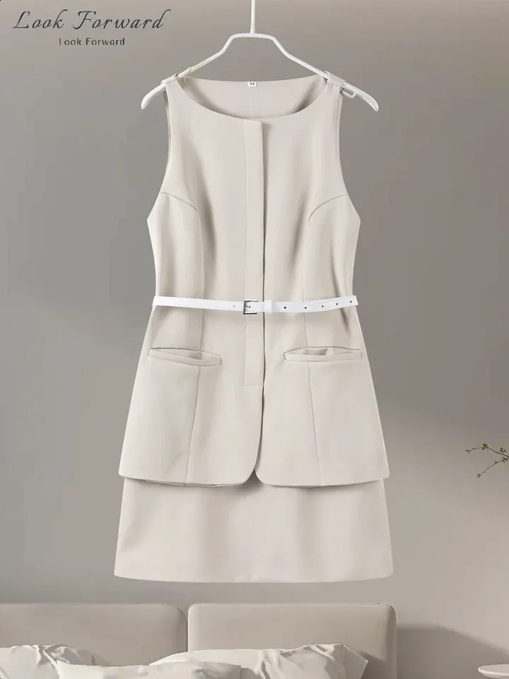Casual Mini Dress Women Belt Slim Spring Summer O-neck Sleeveless Top Above Knee Skirt Sets Woman Vintage Two Pieces Lady 250519