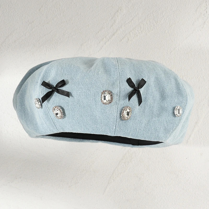 Mini Bows Rhinestones Buttons Beret Hats Womens Elegant Denim Artist Hat Fashion Soft Painters Cap Party Casual Pumpkin Cap 250520