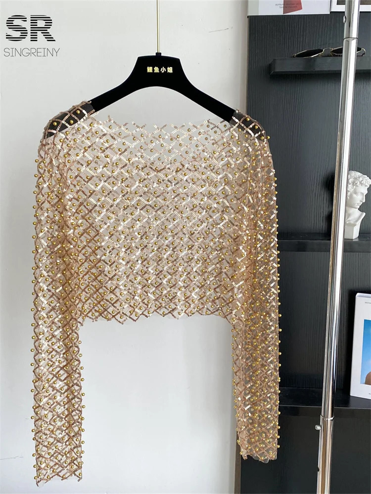 SINGREINY Sexy Pearl Beading Crop Tops Women O Neck Long Sleeves Sheer Shirts Fashion Streetwear Sequined Sunproof Blouses 250520