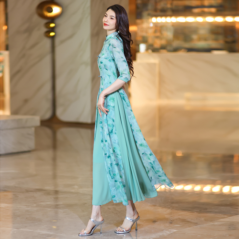 summer chinesestyle cheongsam maxi dresses for women exuding highend and graceful charm with short sleeves printed chiffon fabric and a onepiece desig