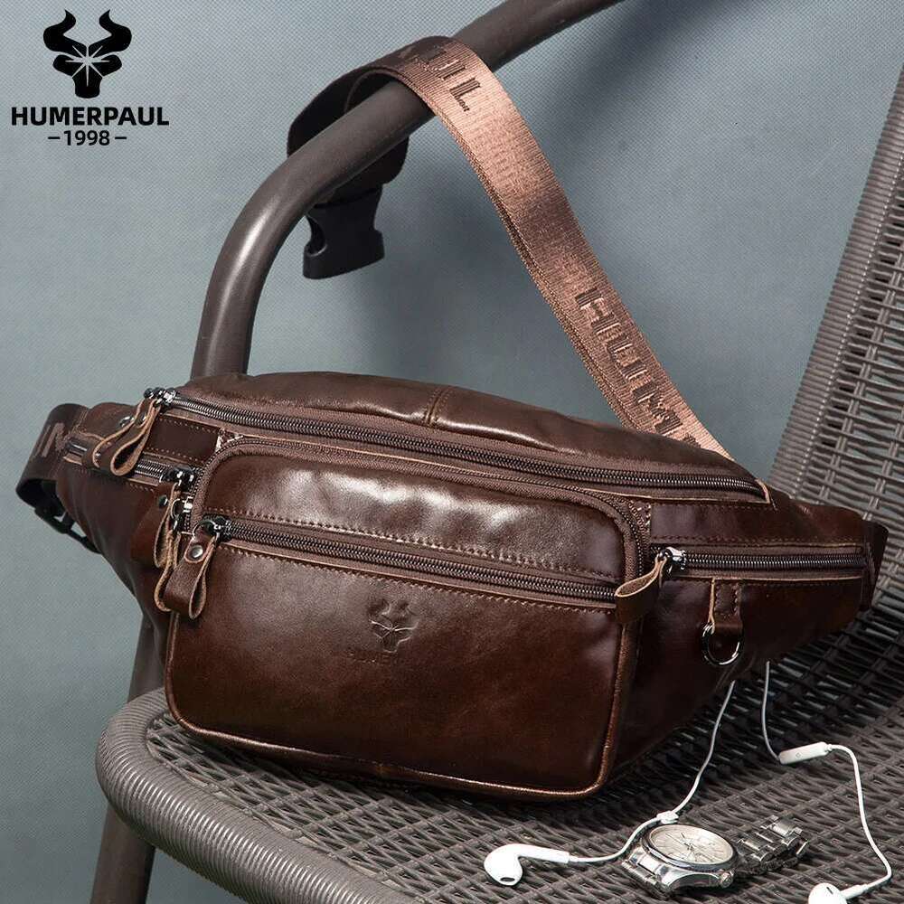HUMERPAUL Genuine Leather Waist Casual Fanny Pack For Men Multifunction Outdoor Chest Bag Phone Pouch Travel Crossbody Bages