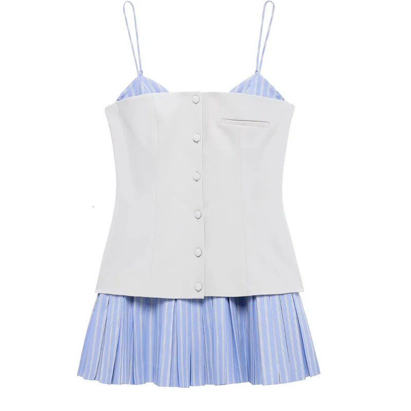 TRAF Patchwork Stripe Womens Dress Sleeveless Slip Mini Woman Summer Pleated Short Dresses Backless Party 250520