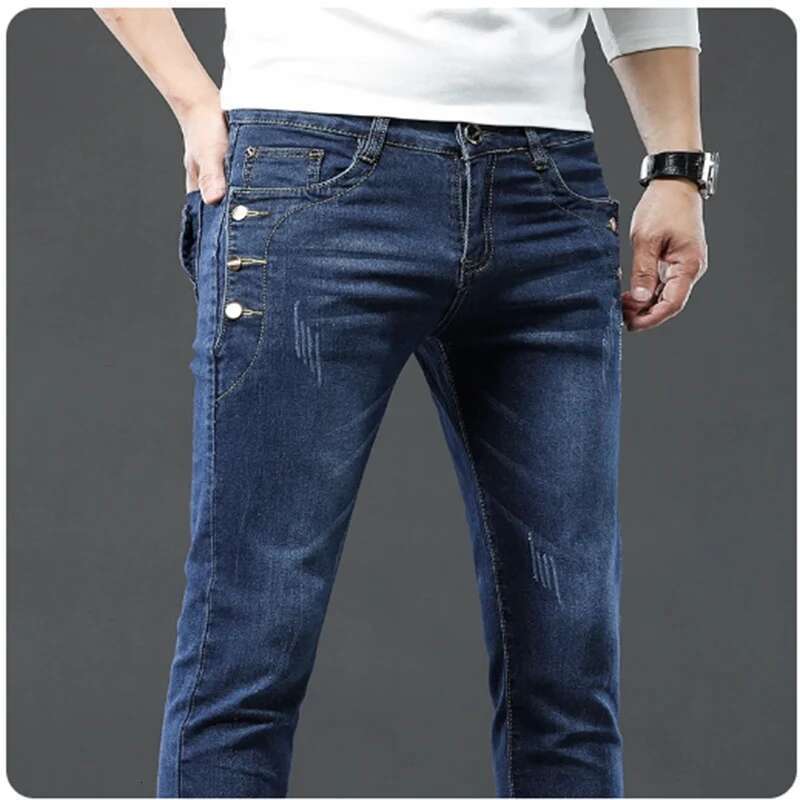 Classic Slim Vintage Men's Designer Jeans Snowflake Grey Wash Korean Fashion Stretch Pants Multi-button Denim Trousers
