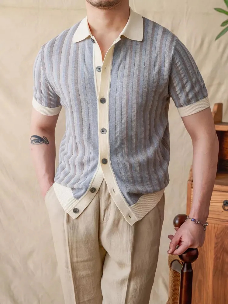Summer Mens Mixed Colors Lapel Collar Single Breasted Slim Fit Knitted Shirt Business Men Work Breathable Short Sleeve Top 250520