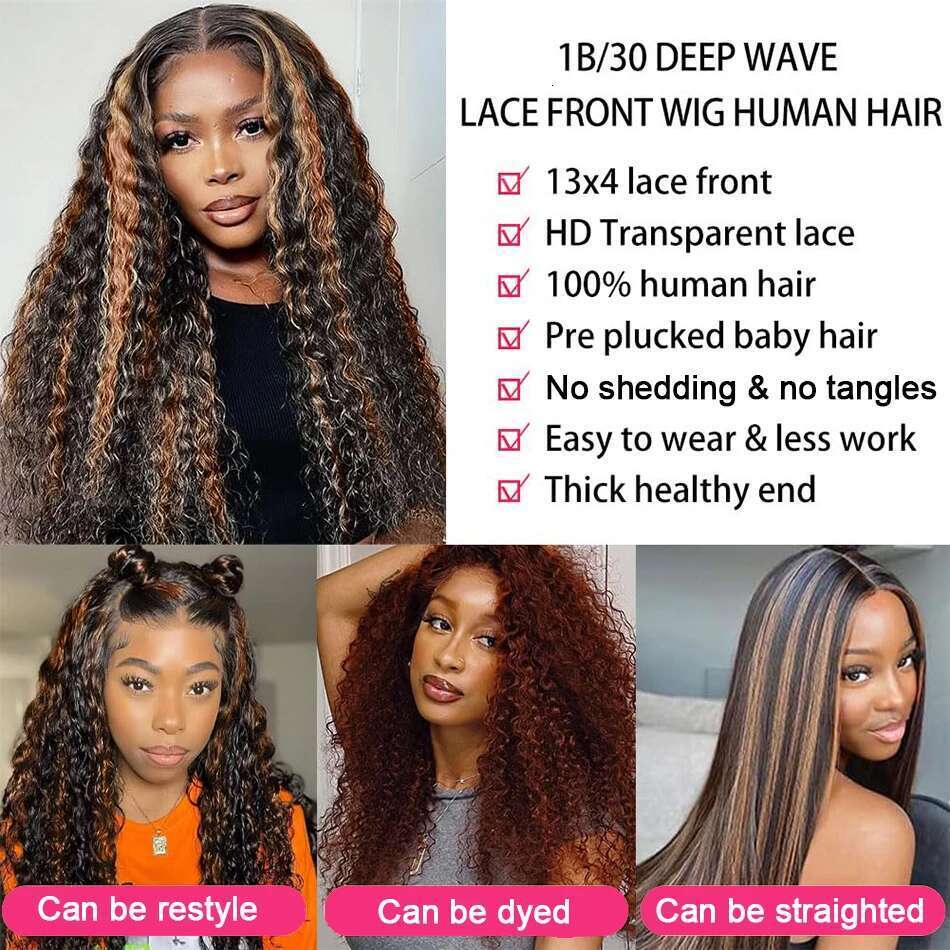 Ombre Highlight Deep Wave Front Wigs Human Hair 1B/30 Colored Water Curly 13x4 Lace Frontal Wig Pre Plucked for Women