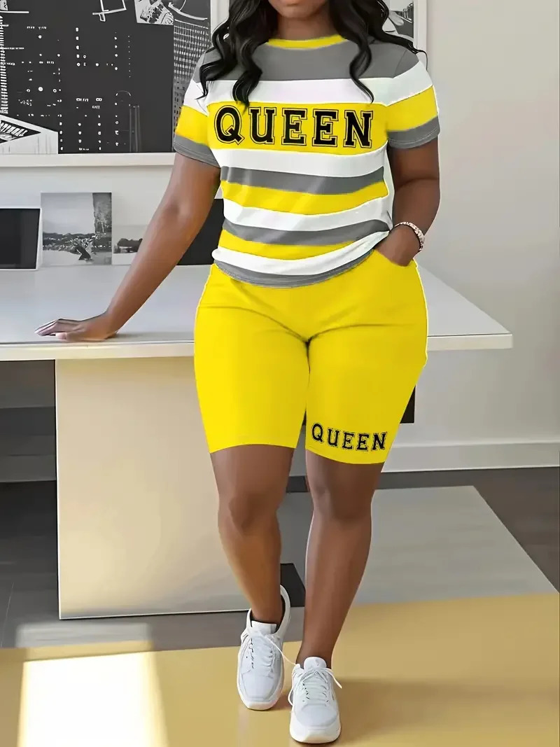Plus Size Summer Outfits Biker Shorts Set Crew Neck Short Sleeve Positioning Printing Queen 2 Piece Women 250516