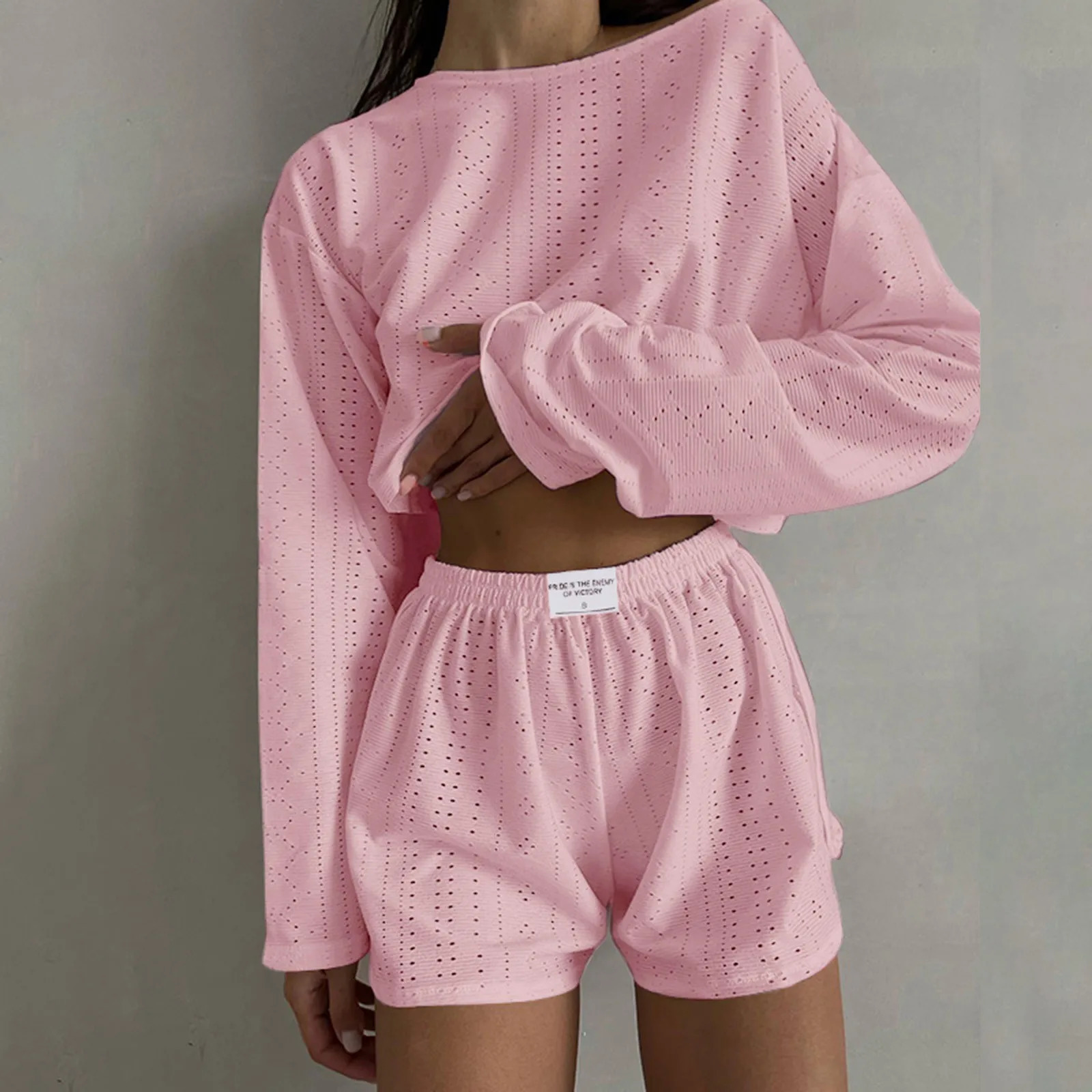 Womens Summer Fashion Casual Two Piece Outfits Casual Shorts Set O Neck Long Sleeve Tops And Shorts Swim Short Suits for Women 250516