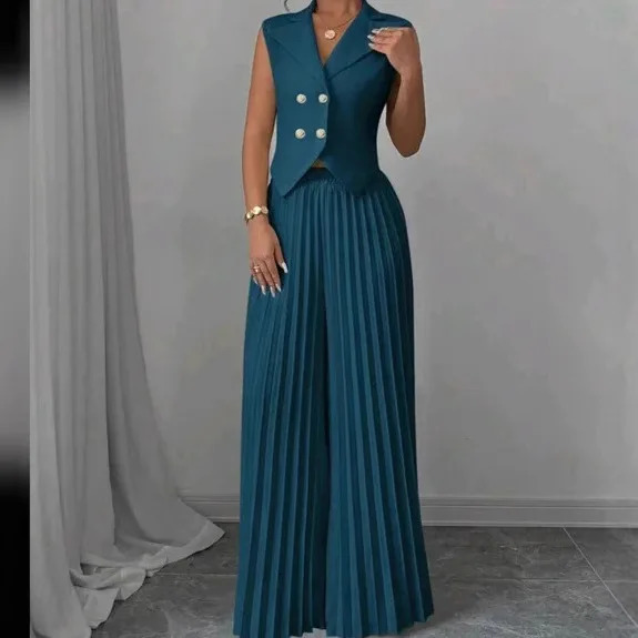 Temperament Commuting Two Piece Set Fashion V-neck Sleeveless Double-breasted Vest Top Pleated Wide-leg Pant Set For Women 250516
