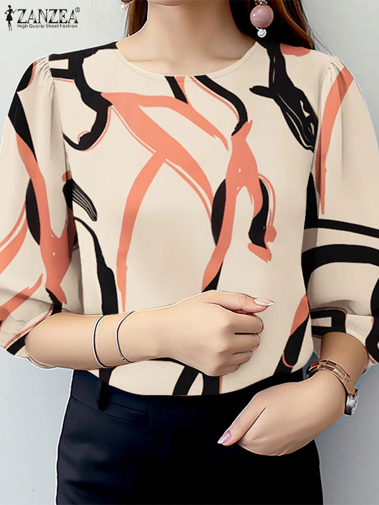 ZANZEA Women Elegant 34 Sleeve Work Blouse Summer Printed Shirt Stylish Casual Holiday Blusas Female Tops Tunic Oversize 250520
