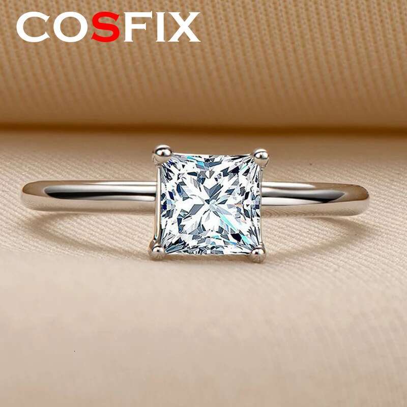 COSFIX Sterling Silver Engagement Ring for Women 1.0ct D Color Princess Cut Moissanite Promise Anniversary Rings Jewelry Gifts
