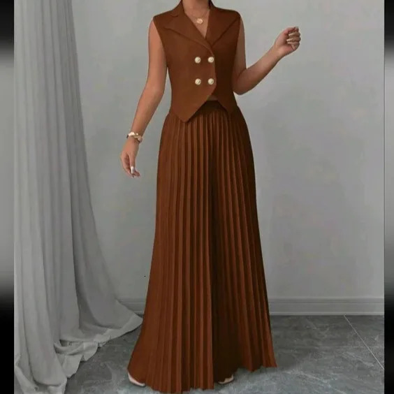 Temperament Commuting Two Piece Set Fashion V-neck Sleeveless Double-breasted Vest Top Pleated Wide-leg Pant Set For Women 250516