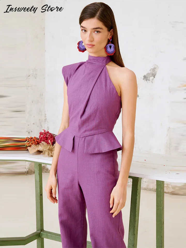 Fashion Halter Jumpsuits Womens Solid Slim Sleeveless Pleated Straight Jumpsuit 2025 Spring Summer Elegant Female Outwear 250519