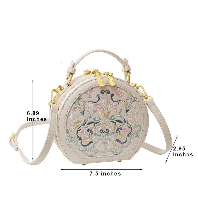 2025 National Embroidered PU Leather Small Handbag Round Shape Women Shoulder Bag Fashion Designer Purses Cross Body Bags