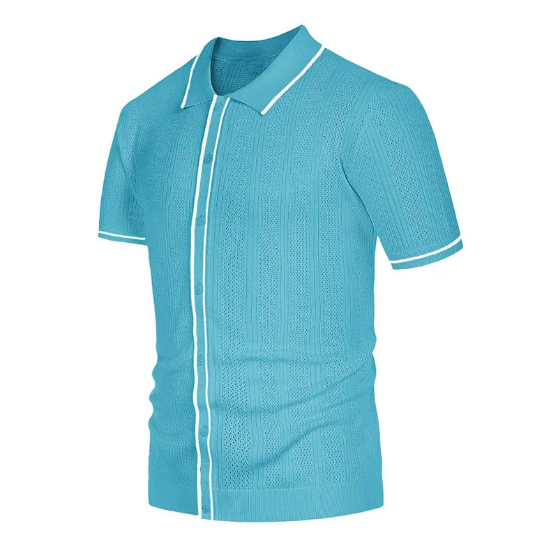 Summer Ice Silk Men Hollow Polo Shirt Breathable Soft Knit Top Mens Shortsleeved Tee Fashion Color Contrast 250520