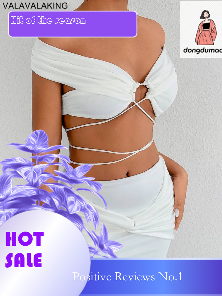 dongdumaoyi 2025 Summer Lady Sexy 2 Piece Mini Set Solid Off Shoulder Slash Neck Bodycon Skirts Suits Women Party Tight Dress Suit