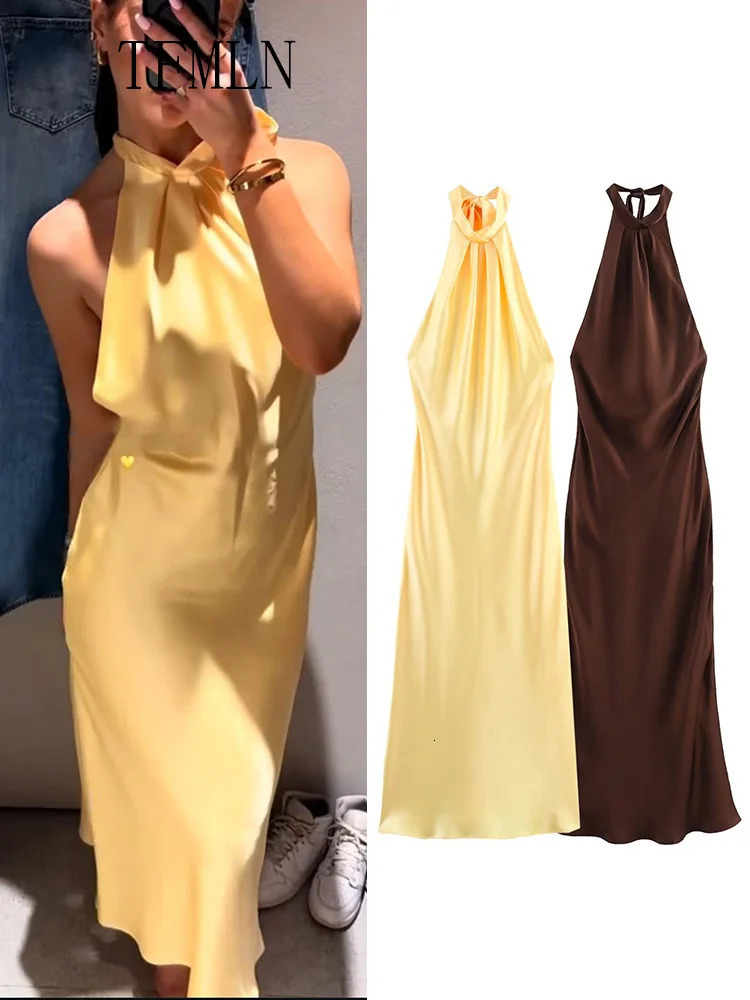 TFMLN Elegant Women Solid Halter Long Dress Summer Off Shoulder Backless Slim Party Sexy Girls Sleeveless Dresses 250520