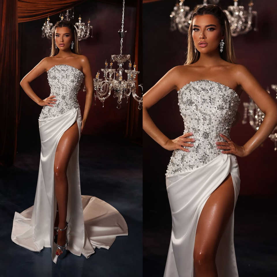 Vintage Crystal Mermaid Wedding Dress Sexy Sleeveless Beaded Bridal Dress High Side Split Customized vestidos de novia