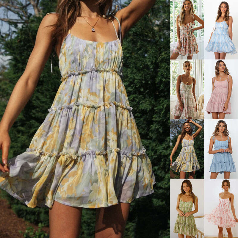 2025 New Summer European and American Vacation Style Sexy Printed Strap Dress Casual Versatile Fashion Clothing