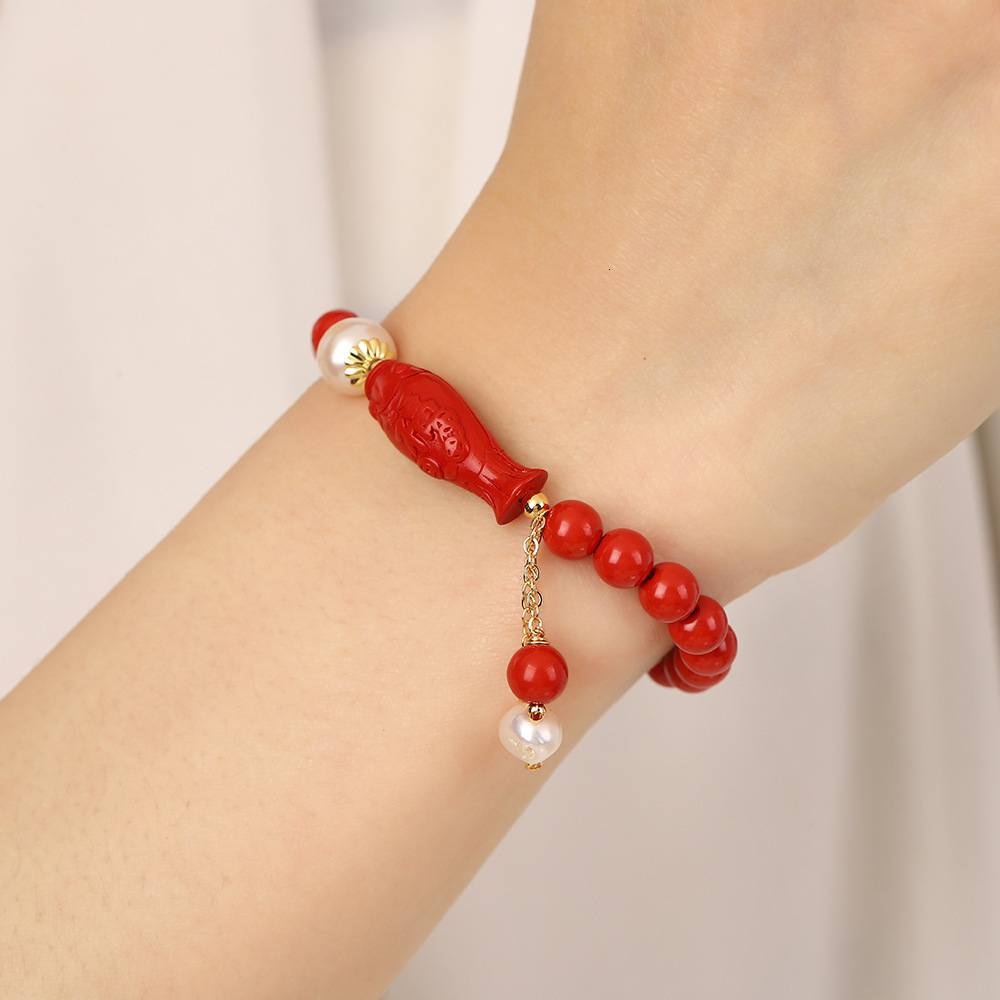 Pearl Bracelet with Fish Every Year, New Year Flowers, Boutique Women's Red Good Luck Jewelry