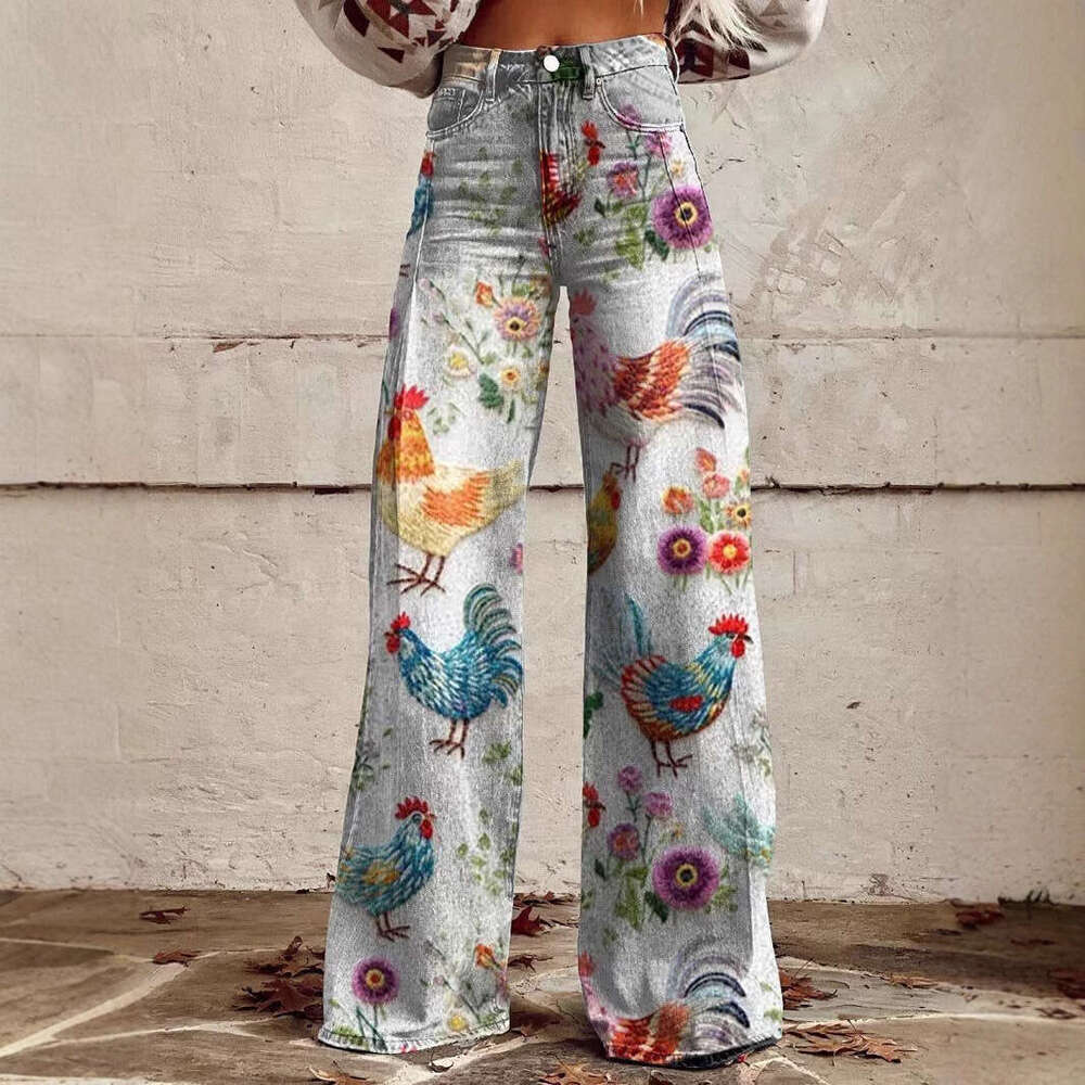 Women's Casual High-Waisted Wide-Leg Jeans - Printed Stretch Design for All-Day Comfort