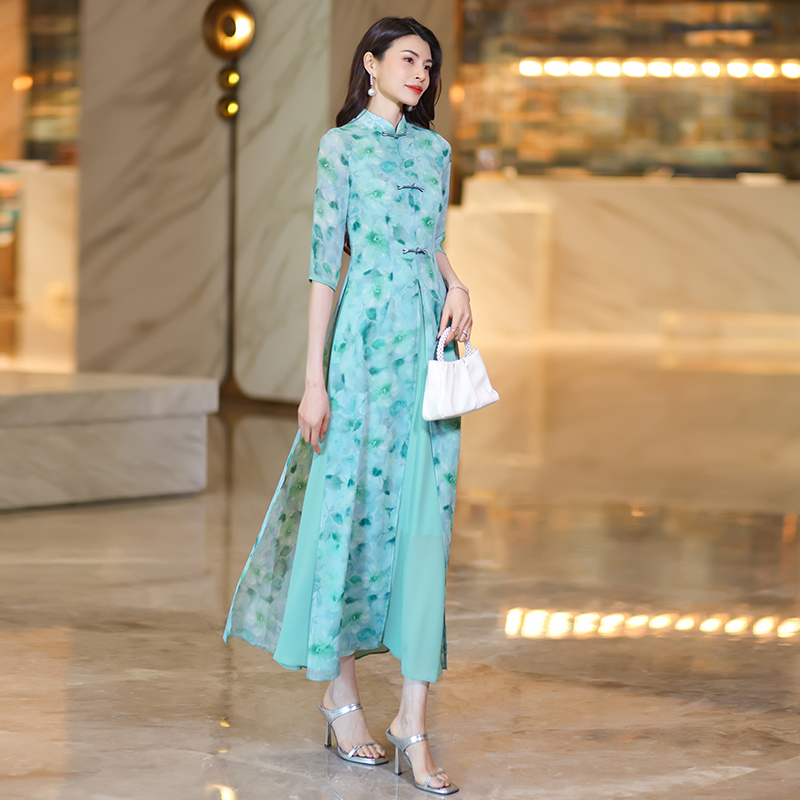 summer chinesestyle cheongsam maxi dresses for women exuding highend and graceful charm with short sleeves printed chiffon fabric and a onepiece desig