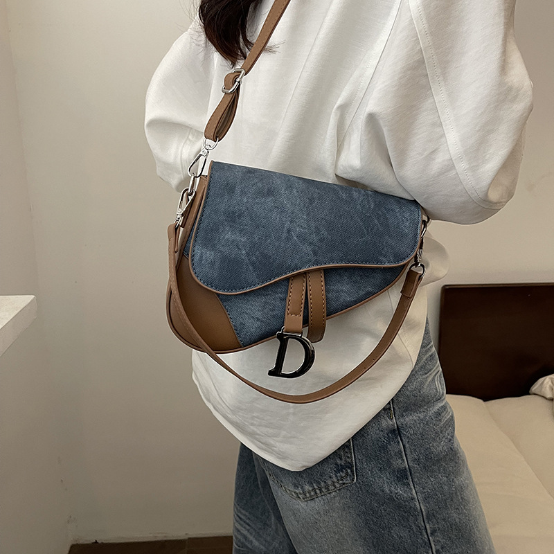 2025 Trendy Denim Print Color-Block Saddle Bag - Stylish Shoulder & Crossbody Purse for Women, Western Chic Patchwork Handbag