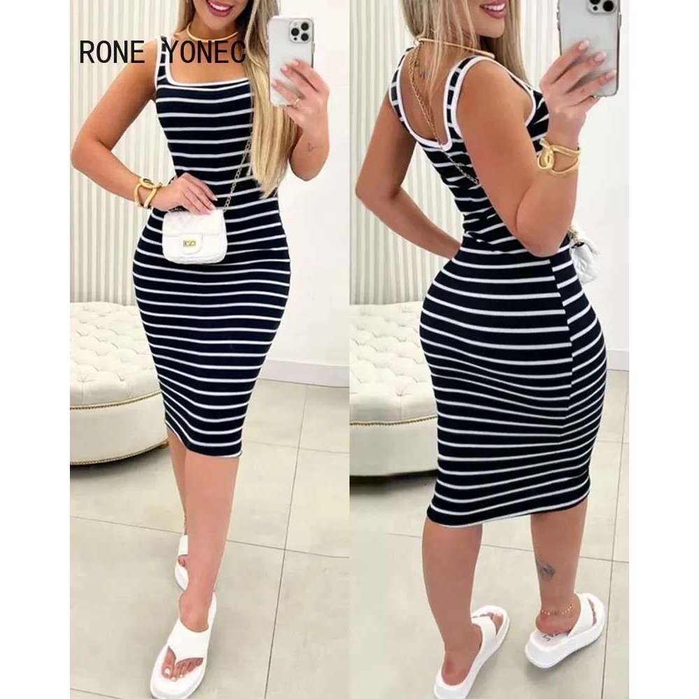 2024 Women Casual Tank Striped Pattern Sleeveless Midi Skinny Sexy Dress