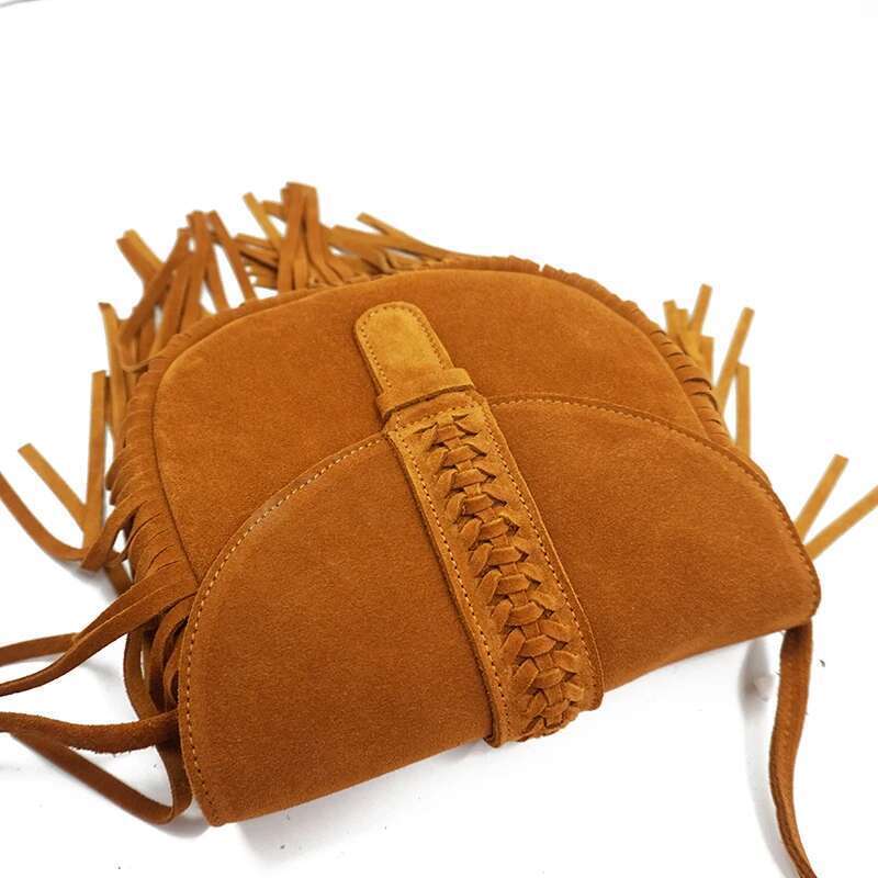 Women Genuine Leather Suede Medium Size Stylish Braid Shoulder Boho Hippie Gypsy Ibiza Bohemian Fringed Phone Side Sling Bag