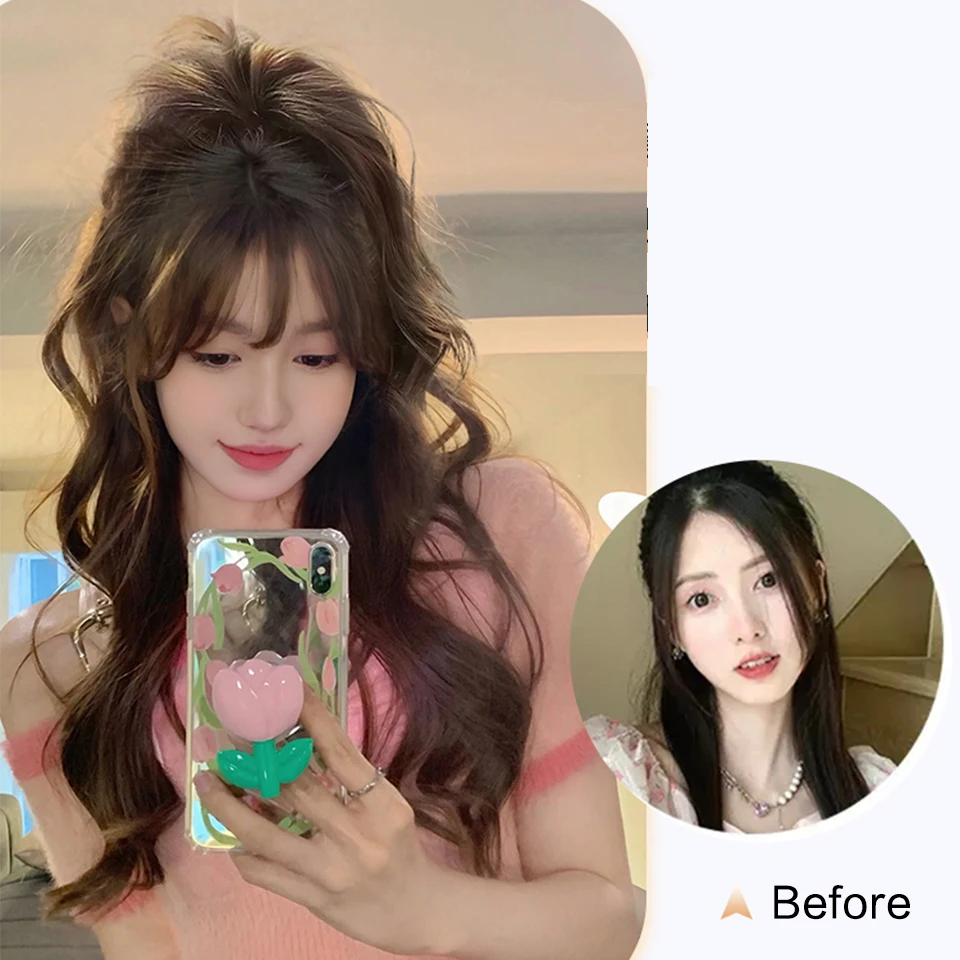 Ponytail fake hair, female simulation hair, natural grasping clip style semi tied fountain waterfall, high skull top mermaid, curly ponytail hair brai
