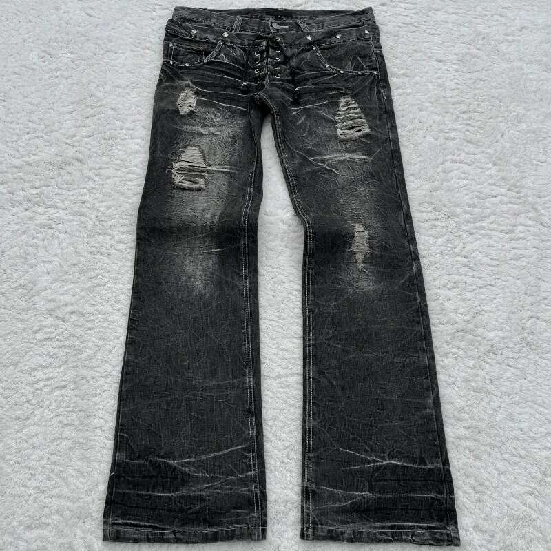 Millennium washed denim jeans Gothic style micro flared double waist lace pants for men and women's street wear