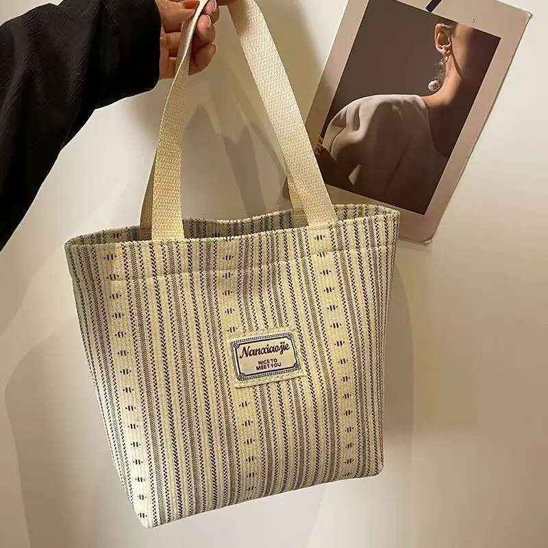 ins Japanese 2024 canvas fashion striped hand carry shoulder women's class tote commuter bag