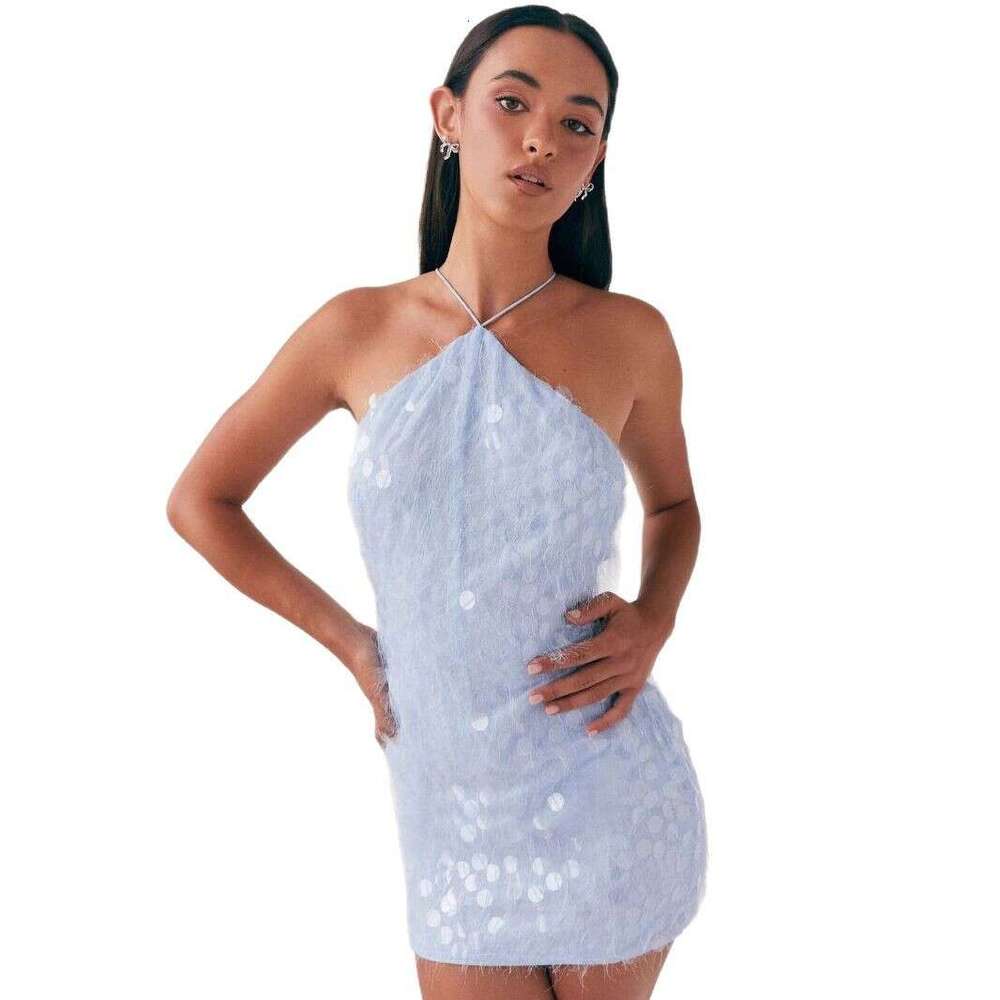 Desin a sexy and pure neck hanin bead piece, backless cross strap slim short European station party liht dress, summer 2025 new casual fashion trend