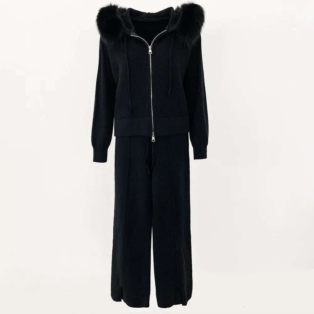 OFTBUY Knitwear Trousers Hooded Jacket With Detachable Fox Collar Fur Coat 2024 Autumn Winter Fashionable Sweater Suit Women