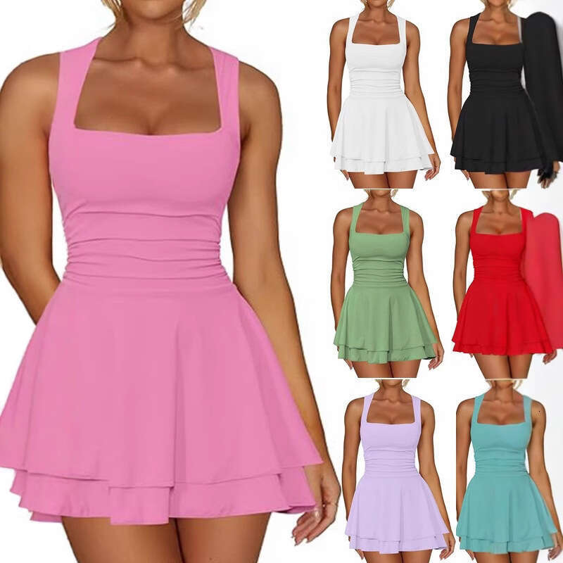 Long Dress Designer Dress Women Dress Calf Buttock Maxi Dress Womandress Robe De Designer 2025 Womens Square Neck Waist Pleated Hem Mini Short Dress