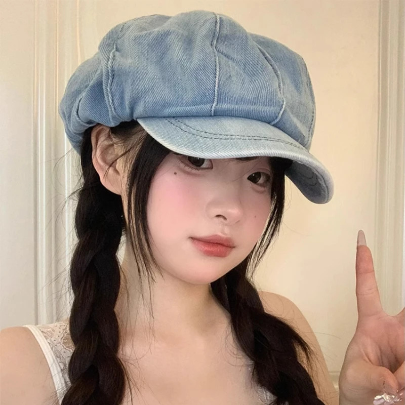 Japanese Niche Striped Retro Washed Denim Berets Cap for Women Spring Summer Literary Versatile Cloud Octagonal Hats 250520