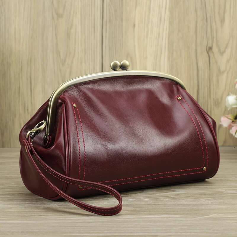 Genuine Leather Women Clutch Kiss Lock Design Female Purse Handbag Large Capacity Long Wallet Bag Phone Pocket