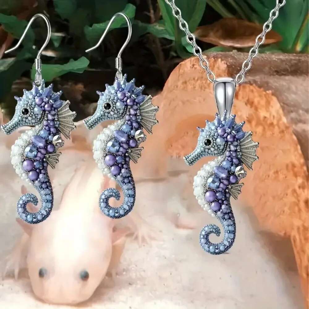 3Pcs/Set Fashion Dreamy Ocean Seahorse 2D Flat Acrylic Long For Women Funny Glitter Animal Earring Set Necklace Jewelry Gifts