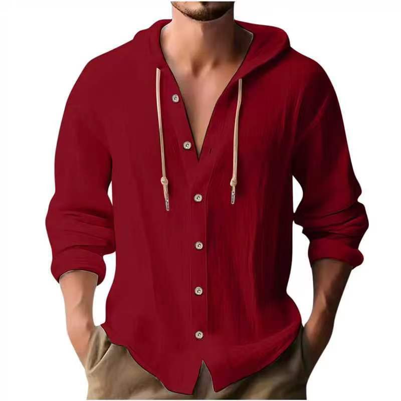 2025 New Spring Summer Men's Hooded T-Shirt Pure Color Cotton Linen Men's Casual Long-Sleeved Top