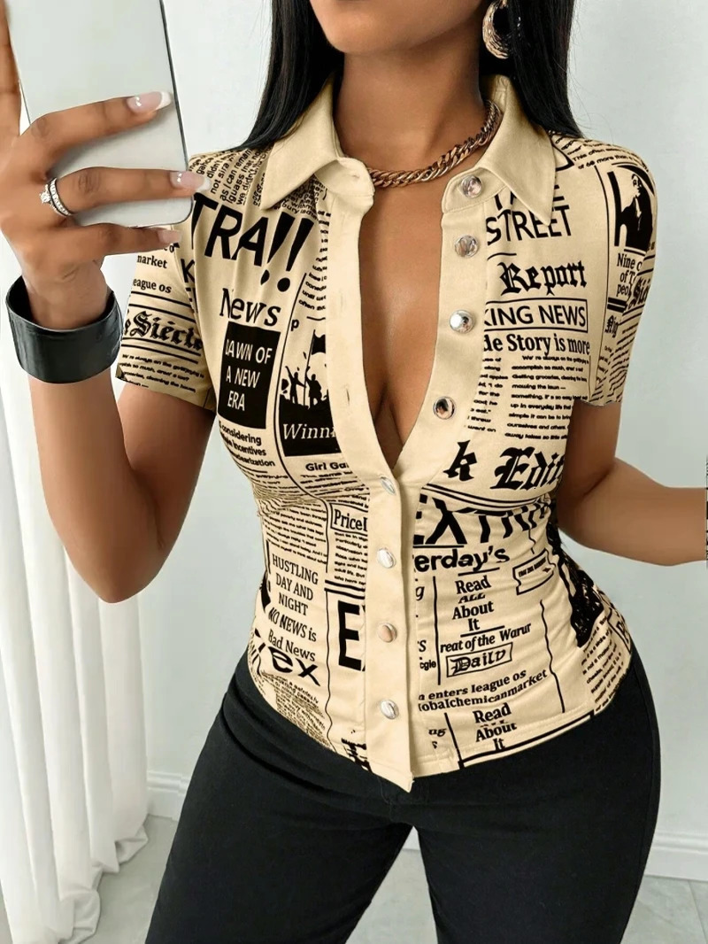 Women Summer Fashion spaper Print SingleBreasted VNeck Shirt 250514