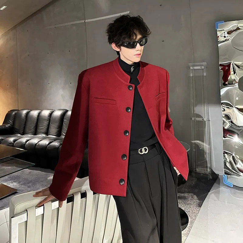 Wine Red Blazers Men Suit Jackets Casual Stand Collar Solid Color Male Short Coats Korean Trendy Mens Clothing Autumn 250520