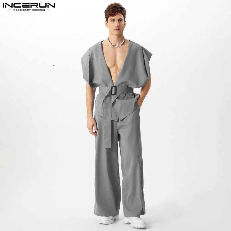 INCERUN American Style Sets Fashion Sexy Mens Hooded Silhouette Belt Vest Wide Leg Pants Casual Male Two-piece Sets S-5XL 250519