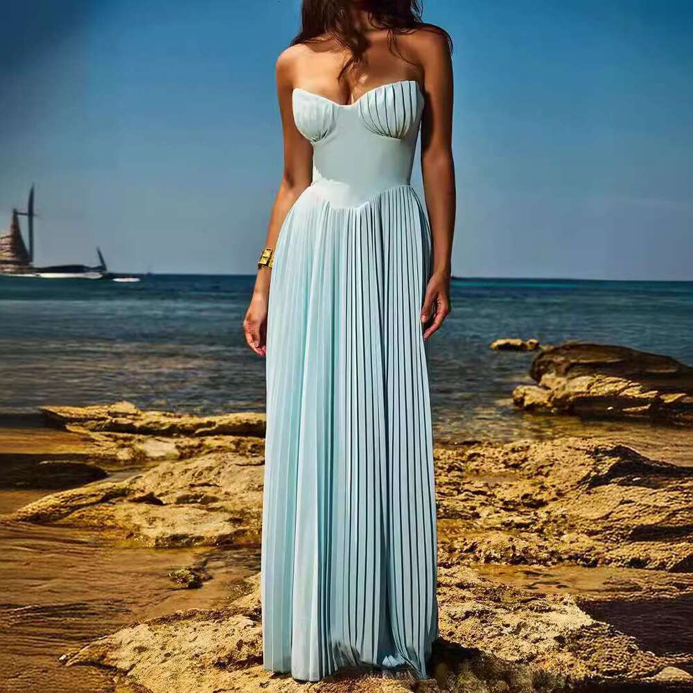 2025 Summer New Product: Sky Blue strapless slimming pleated tight fitting dress. Wholesale of Dress temperament, versatile new trendy clothing. Ins