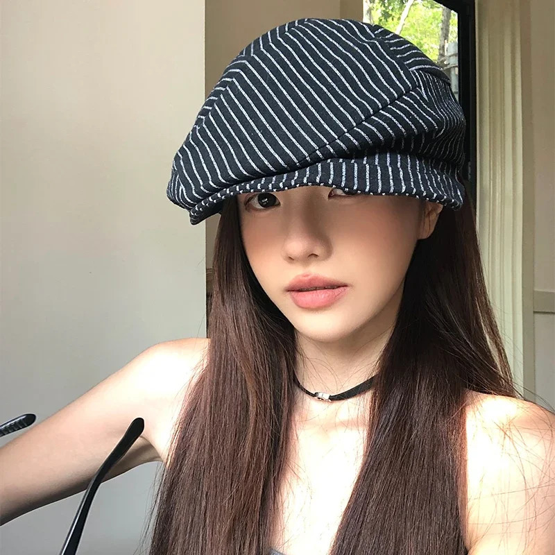 Japanese Classic Color Matching Striped sboy Hats Women Summer Breathable Versatile Show Face Small Retro Literary Berets 250520